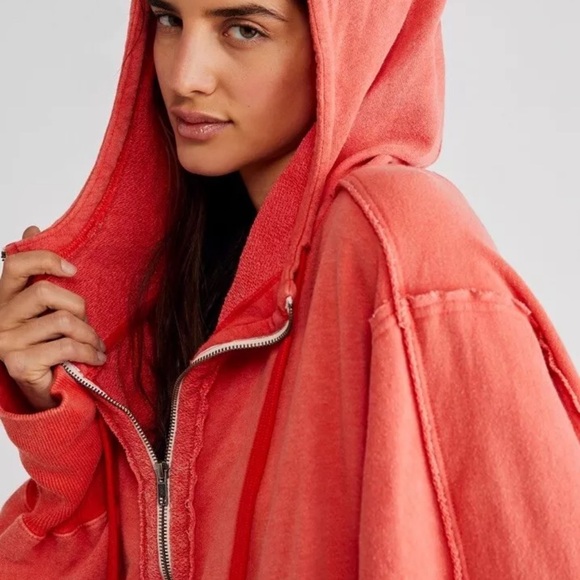 Free People We The Free Camden Hoodie Oversized Zipper Up Scarlet Sun - Picture 5 of 7